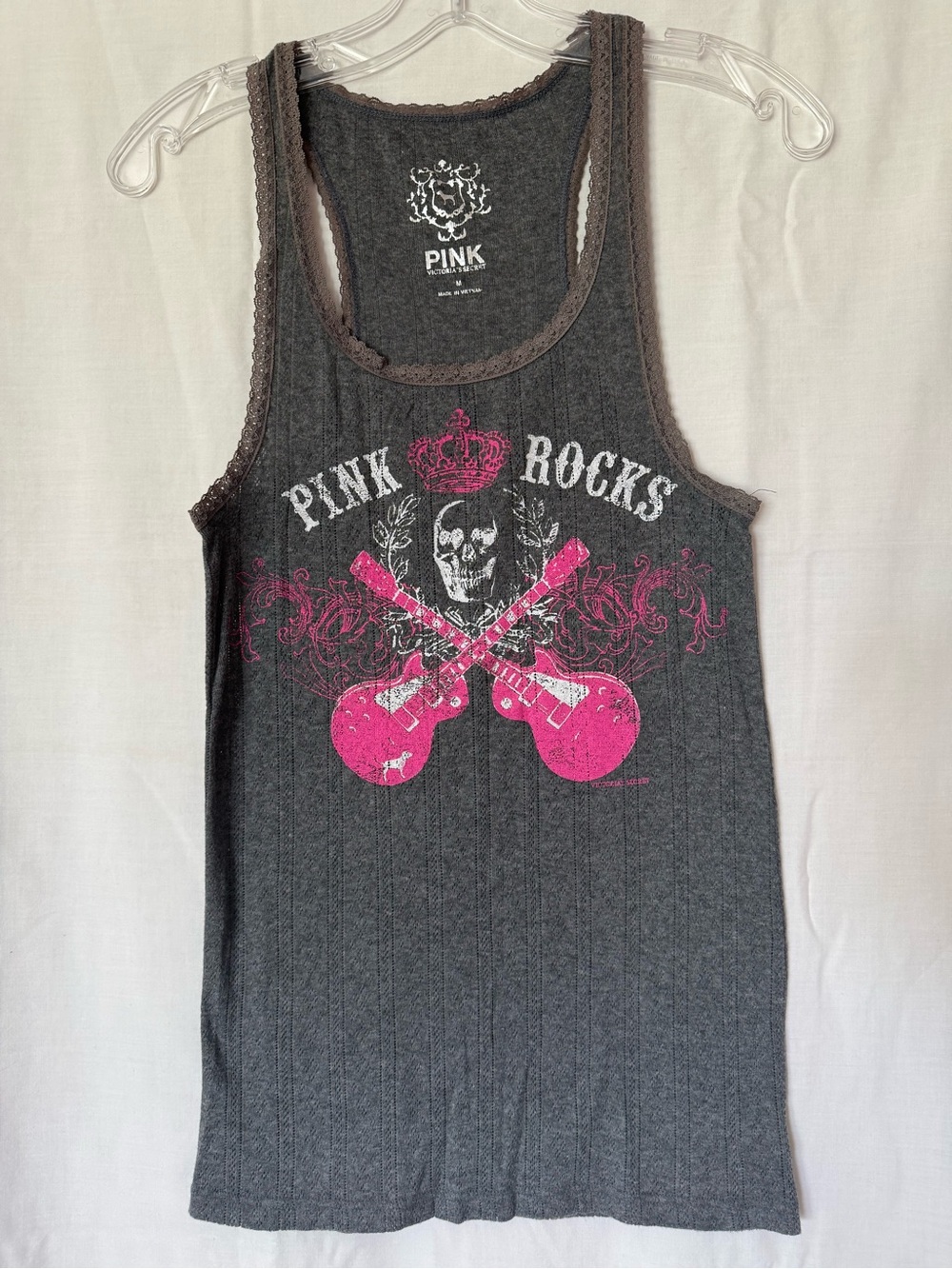 VINTAGE Victoria's Secret PINK "Pink Rocks"Graphic Tank Lace Trim M NWOT